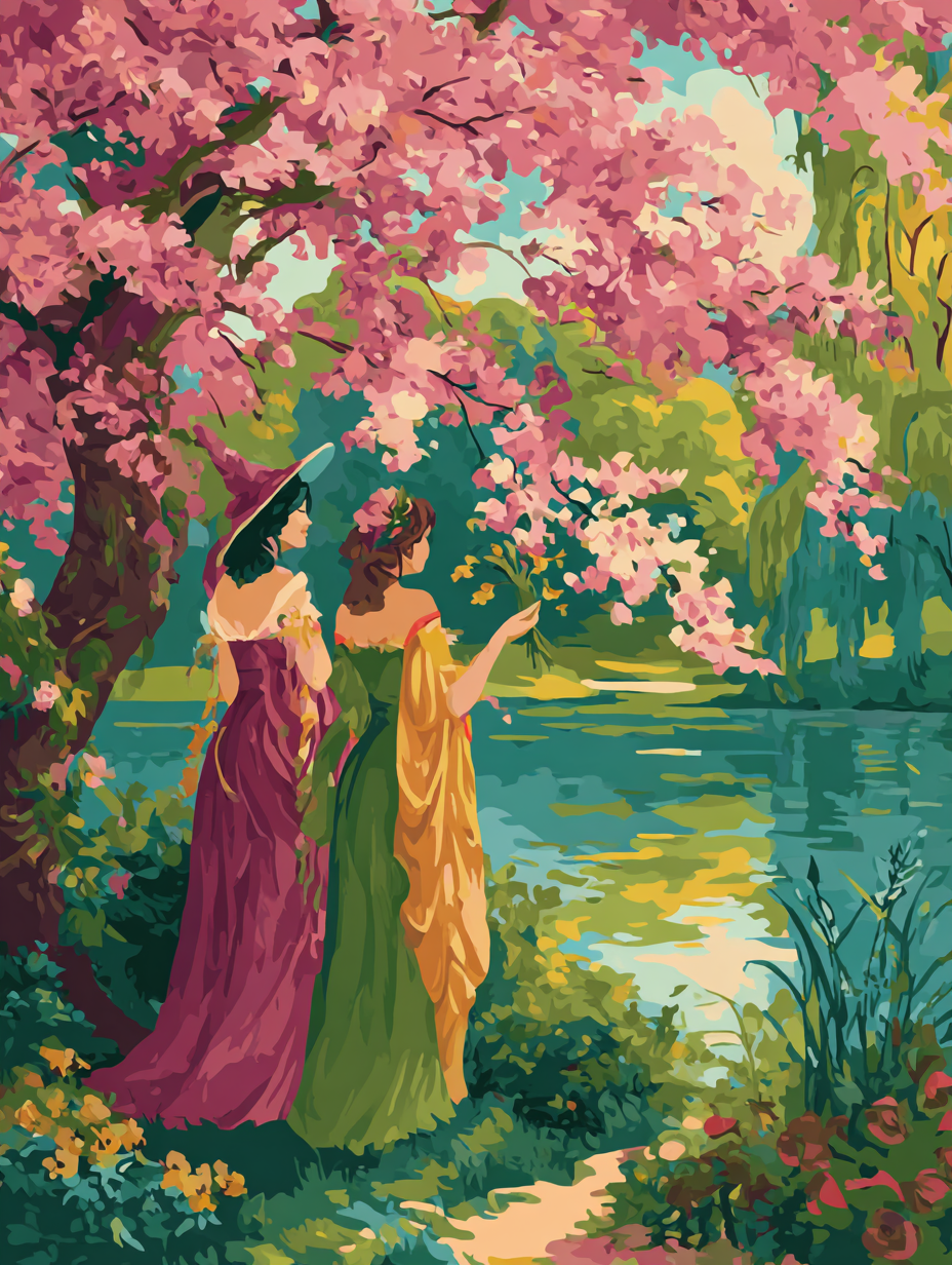 two women standing in a lush, colorful garden, surrounded by blooming flowers and a tranquil pond.