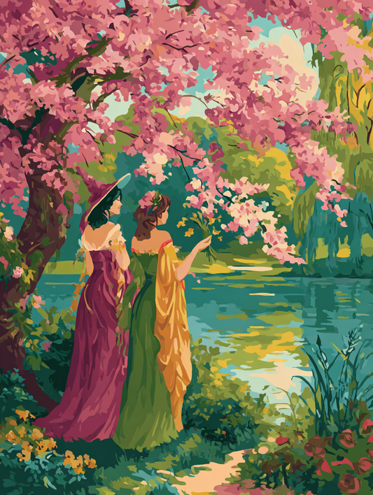 two women standing in a lush, colorful garden, surrounded by blooming flowers and a tranquil pond.