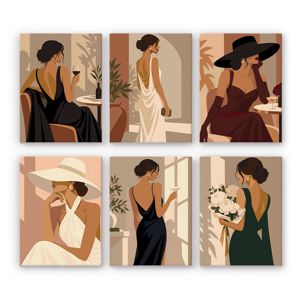 The image is a collage of six illustrations depicting women in elegant dresses and hats, each in a different pose and setting.