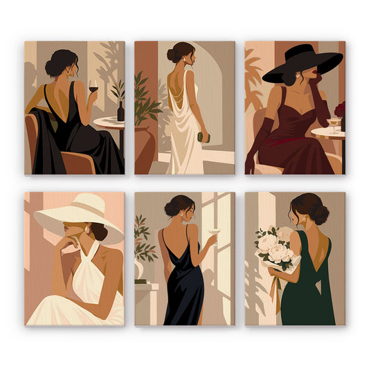 The image is a collage of six illustrations depicting women in elegant dresses and hats, each in a different pose and setting.