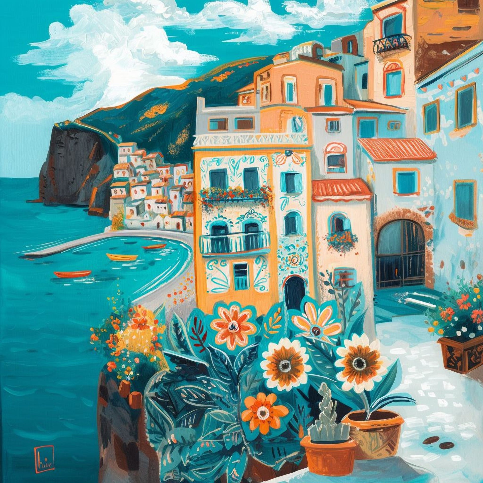 The image is a vibrant painting depicting a coastal town with colorful buildings, a rocky cliff, and a body of water. The town is surrounded by lush greenery, and the sky is filled with clouds. The painting features a variety of flowers and plants, adding to the overall beauty of the scene.