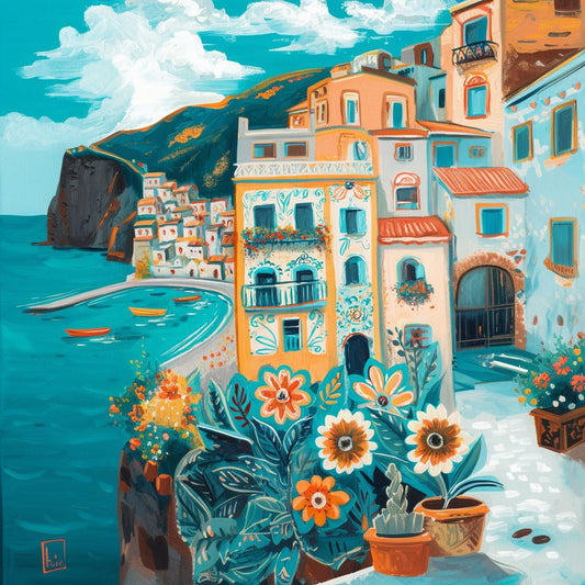 The image is a vibrant painting depicting a coastal town with colorful buildings, a rocky cliff, and a body of water. The town is surrounded by lush greenery, and the sky is filled with clouds. The painting features a variety of flowers and plants, adding to the overall beauty of the scene.