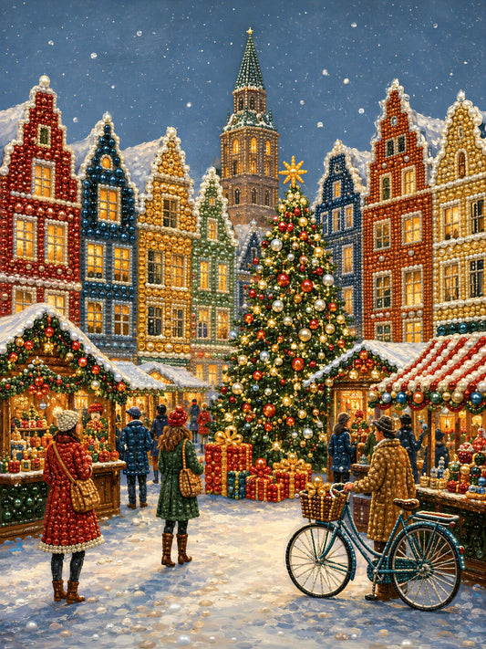 a festive Christmas market scene with colorful buildings, a large Christmas tree, and people shopping and walking around.