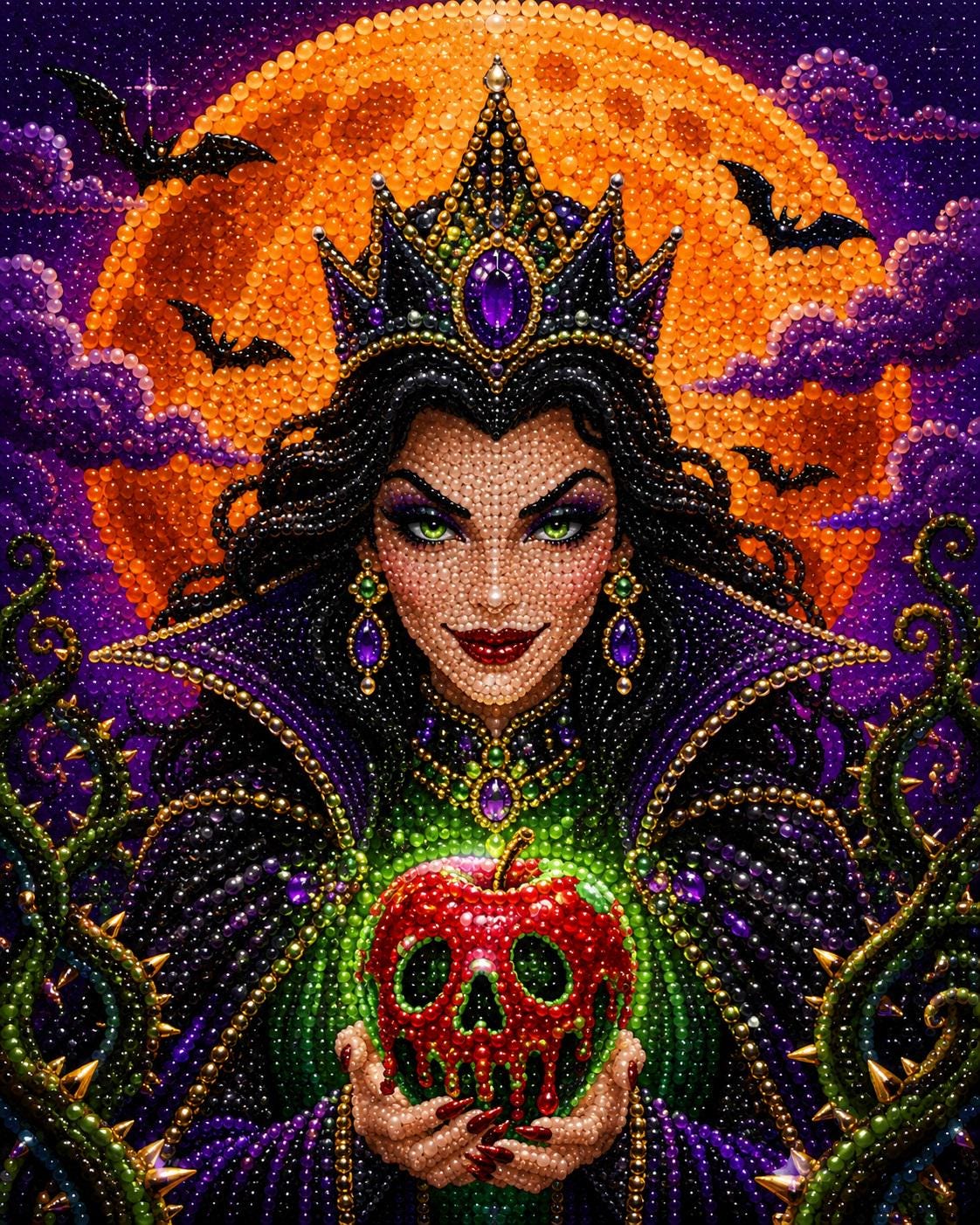 A detailed and intricate digital illustration depicting a woman with dark hair and makeup, wearing a crown and holding a red apple with a skull on it, set against a backdrop of a large orange moon and bats.