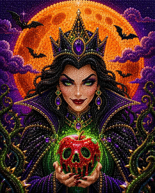 A detailed and intricate digital illustration depicting a woman with dark hair and makeup, wearing a crown and holding a red apple with a skull on it, set against a backdrop of a large orange moon and bats.