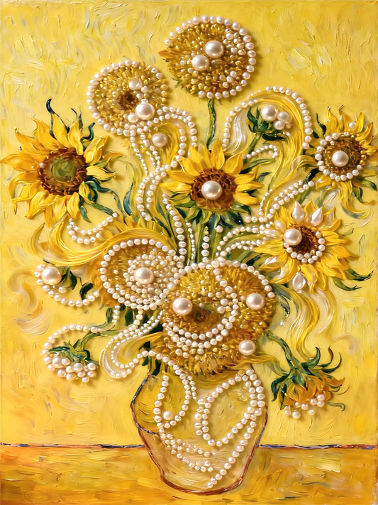 The image is a vibrant painting featuring a vase filled with sunflowers and pearls against a yellow background.