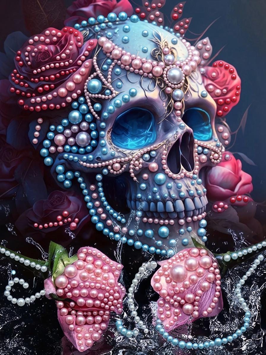 A highly detailed and ornate skull adorned with an array of colorful pearls, gemstones, and flowers, creating a striking and intricate design.