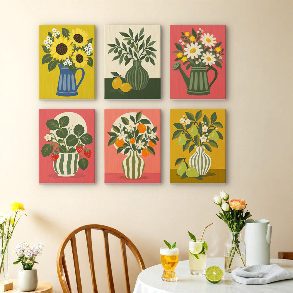 a wall adorned with six vibrant paintings of flowers and vases, each with unique designs and color schemes. The paintings are arranged in a grid pattern, creating a visually appealing display. In the foreground, there is a table set with various drinks and flowers, adding a touch of elegance and warmth to the scene.