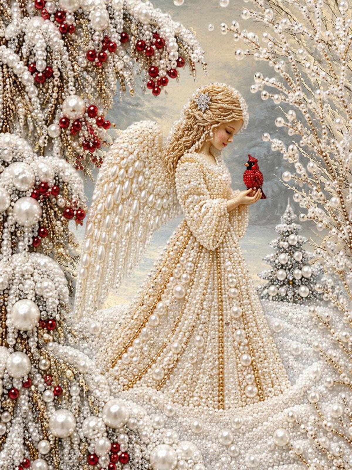 A detailed and ornate angel figure, adorned with pearls and a red bird, stands in a snowy landscape with a Christmas tree in the background.