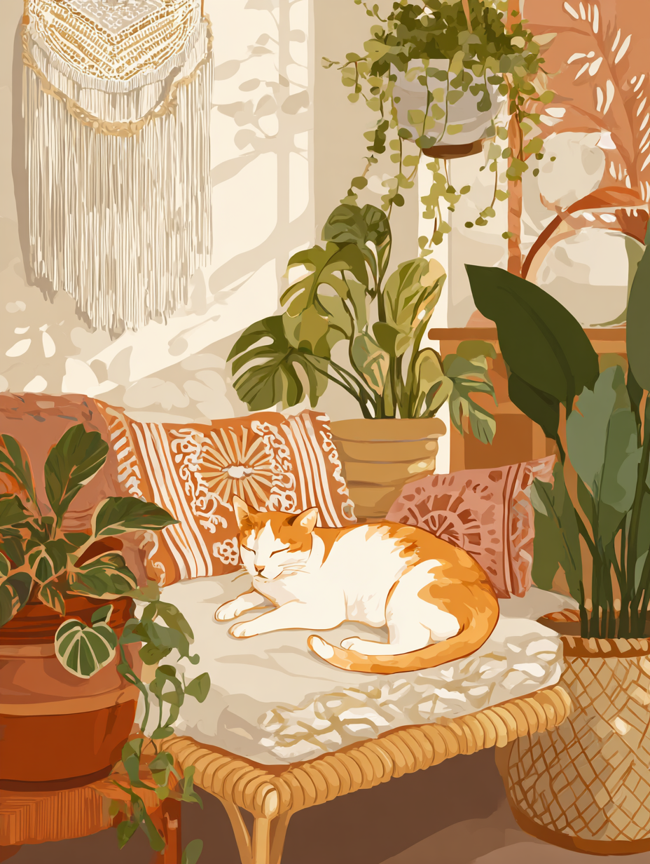 A cozy indoor setting with a cat sleeping on a woven bench, surrounded by lush greenery and a hanging dreamcatcher.