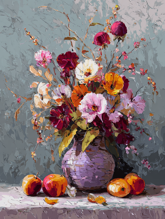a vibrant bouquet of flowers in a purple vase, accompanied by a few oranges on a table.