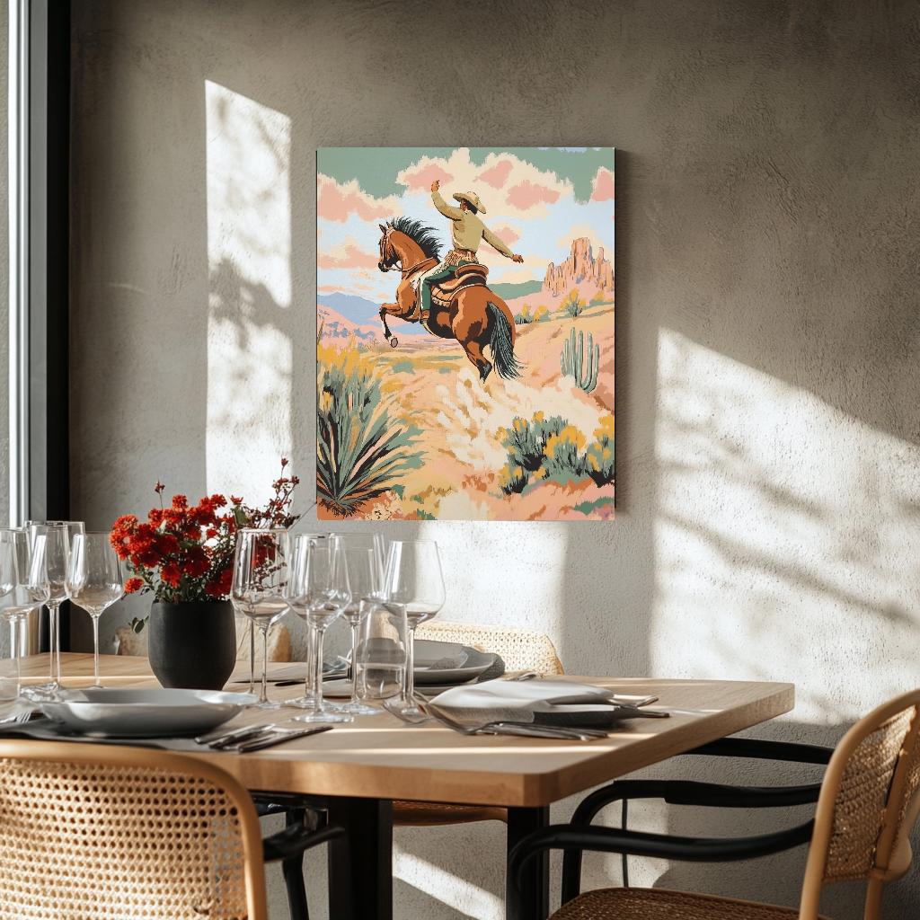 a painting of a cowboy riding a horse in the desert