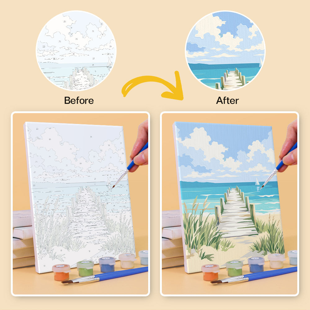 The image is a comparison of a painting before and after an artistic transformation. The before image depicts a beach scene with a path leading to the ocean, while the after image shows the same beach scene with a completed painting featuring a path leading to the ocean.