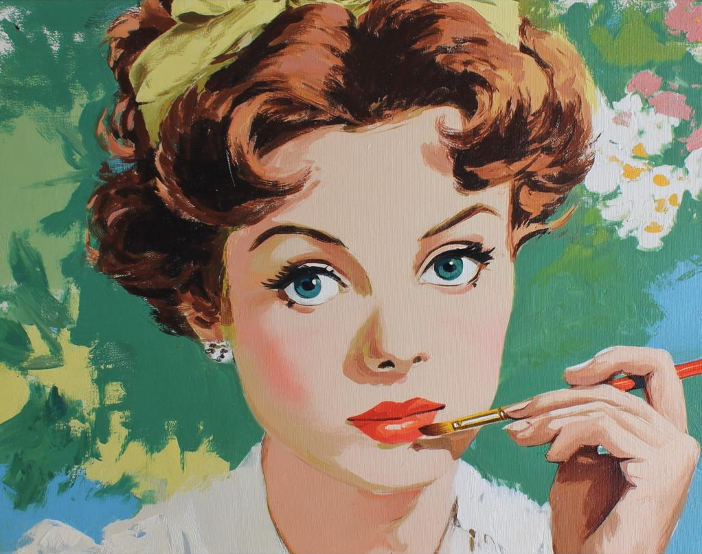 A woman with curly hair and red lipstick is holding a brush and looking at the viewer, with a green and pink floral background.