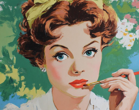 A woman with curly hair and red lipstick is holding a brush and looking at the viewer, with a green and pink floral background.