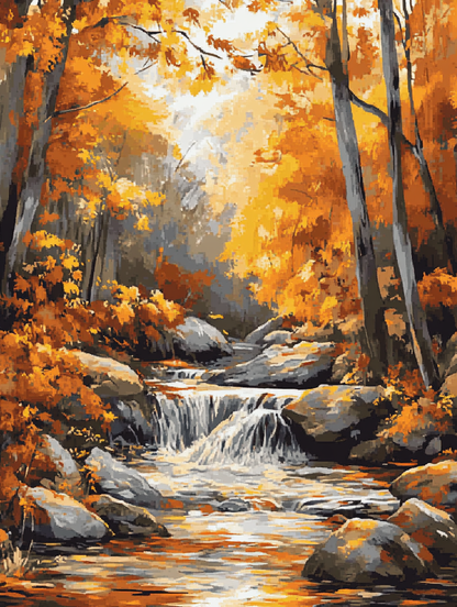 a serene autumn landscape with a small waterfall cascading over rocks, surrounded by trees with vibrant orange leaves.