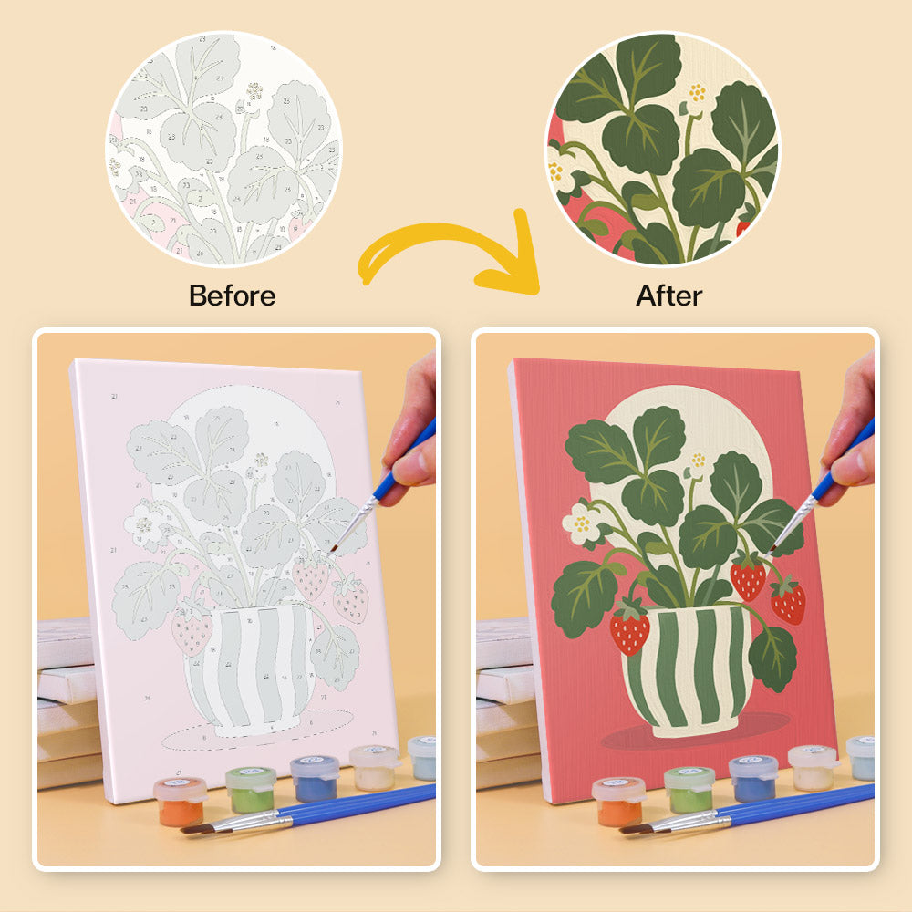 The image is a comparison of two different illustrations of a strawberry plant. The "Before" illustration is a simple line drawing, while the "After" illustration is a more detailed and colorful painting of the same plant.