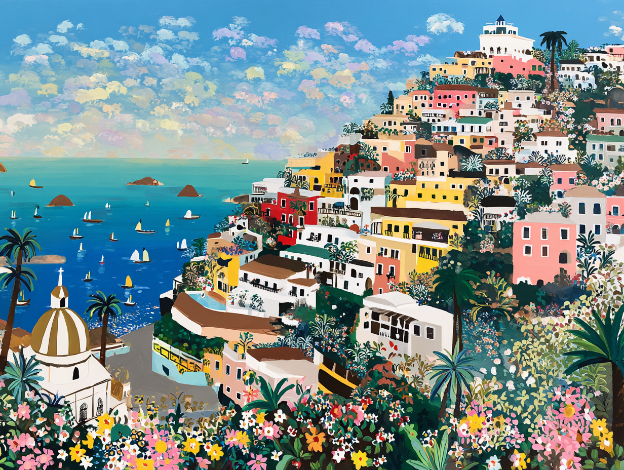 The image is a vibrant and colorful painting depicting a picturesque coastal town with a hillside of buildings, palm trees, and a blue sea with boats.