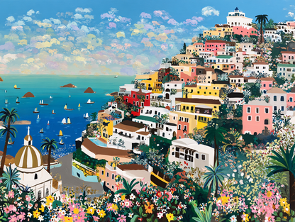 The image is a vibrant and colorful painting depicting a picturesque coastal town with a hillside of buildings, palm trees, and a blue sea with boats.