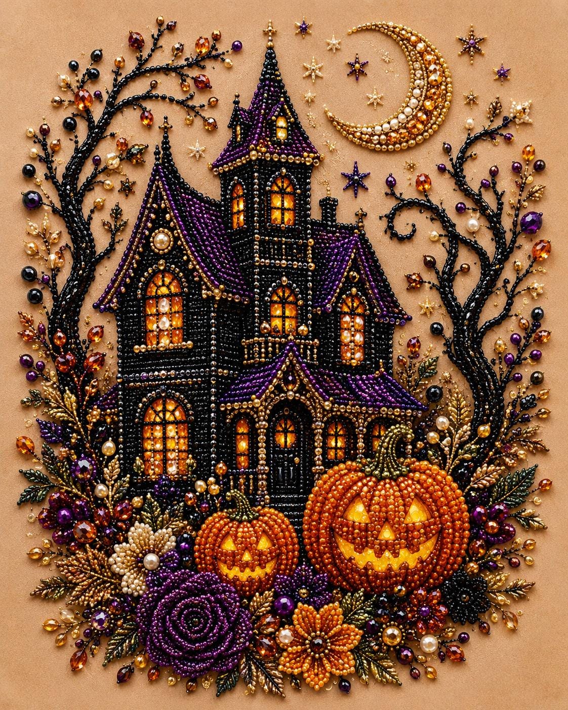 The image is a detailed embroidered or beaded illustration of a Halloween-themed house, featuring a castle-like structure, pumpkins, flowers, and a crescent moon.