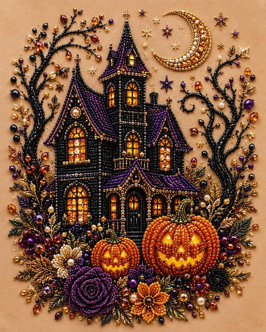 The image is a detailed embroidered or beaded illustration of a Halloween-themed house, featuring a castle-like structure, pumpkins, flowers, and a crescent moon.