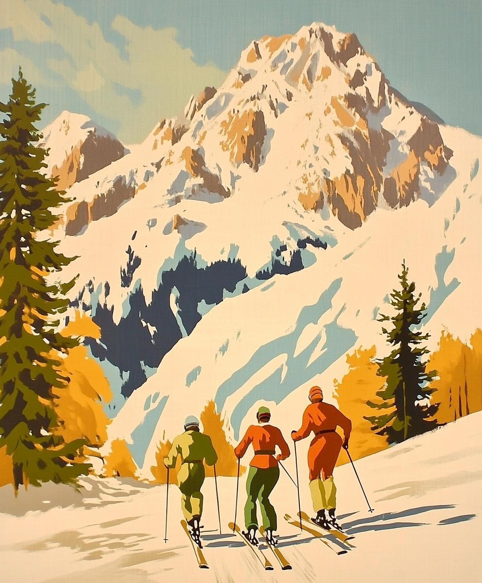 a painting of three people skiing down a mountain