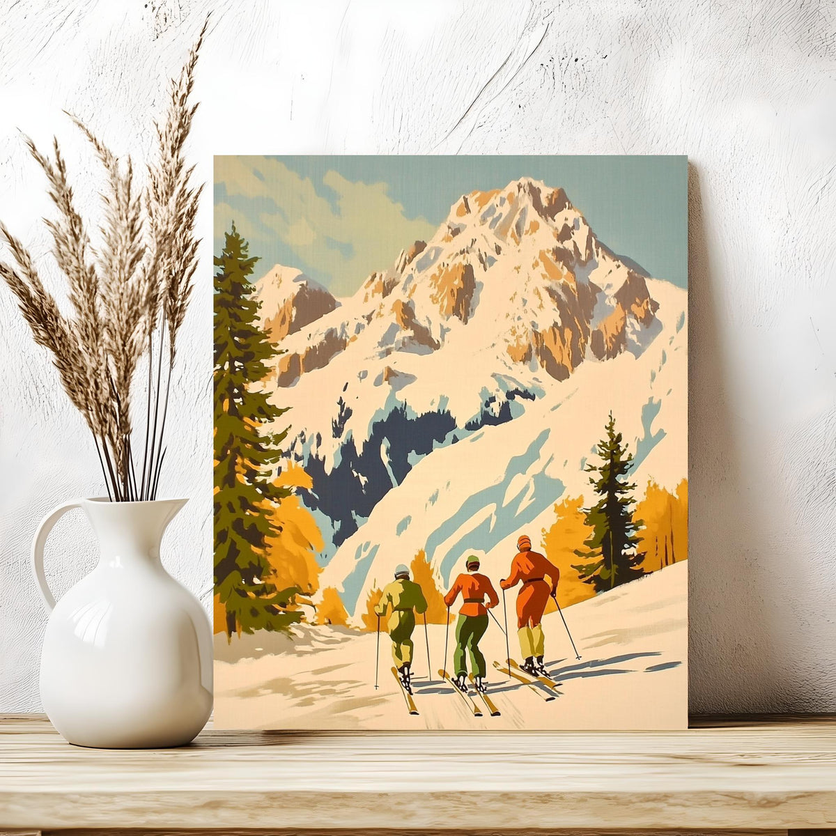 a painting of a group of skiers on a mountain