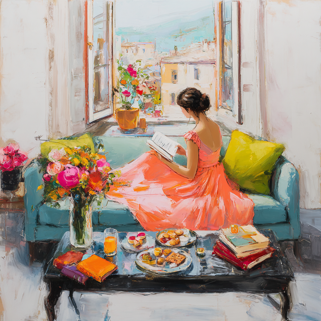A woman in a pink dress is sitting on a blue couch, reading a book, with a vase of flowers and a plate of food in front of her.
