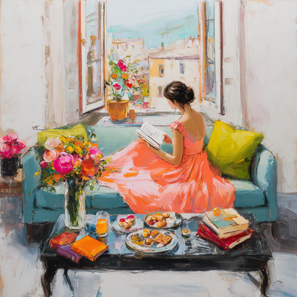 A woman in a pink dress is sitting on a blue couch, reading a book, with a vase of flowers and a plate of food in front of her.
