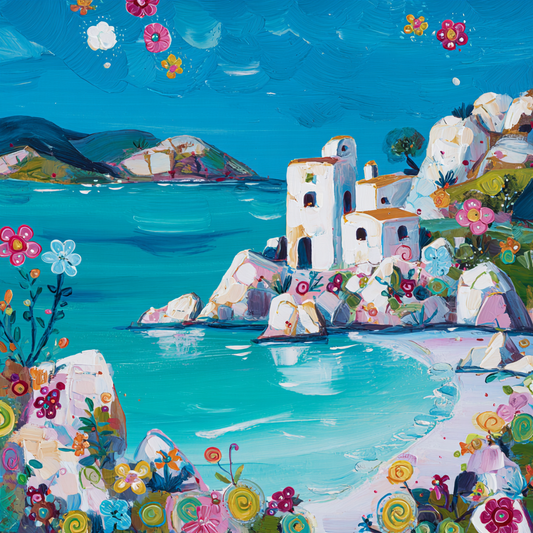 A vibrant and whimsical painting depicting a picturesque coastal scene with a castle-like structure on a rocky outcrop overlooking a turquoise sea. The painting is filled with a riot of colors, including flowers, plants, and the sky, creating a lively and enchanting atmosphere.