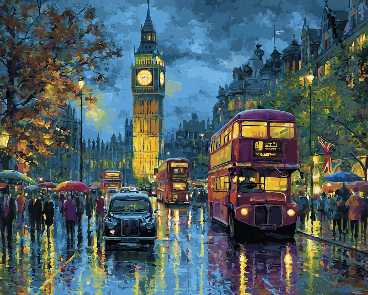 a busy city street scene in London, with people walking on the sidewalks, double-decker buses, and cars driving on the wet road. The scene is illuminated by the warm glow of streetlights and the lights from the buildings, creating a vibrant and lively atmosphere.