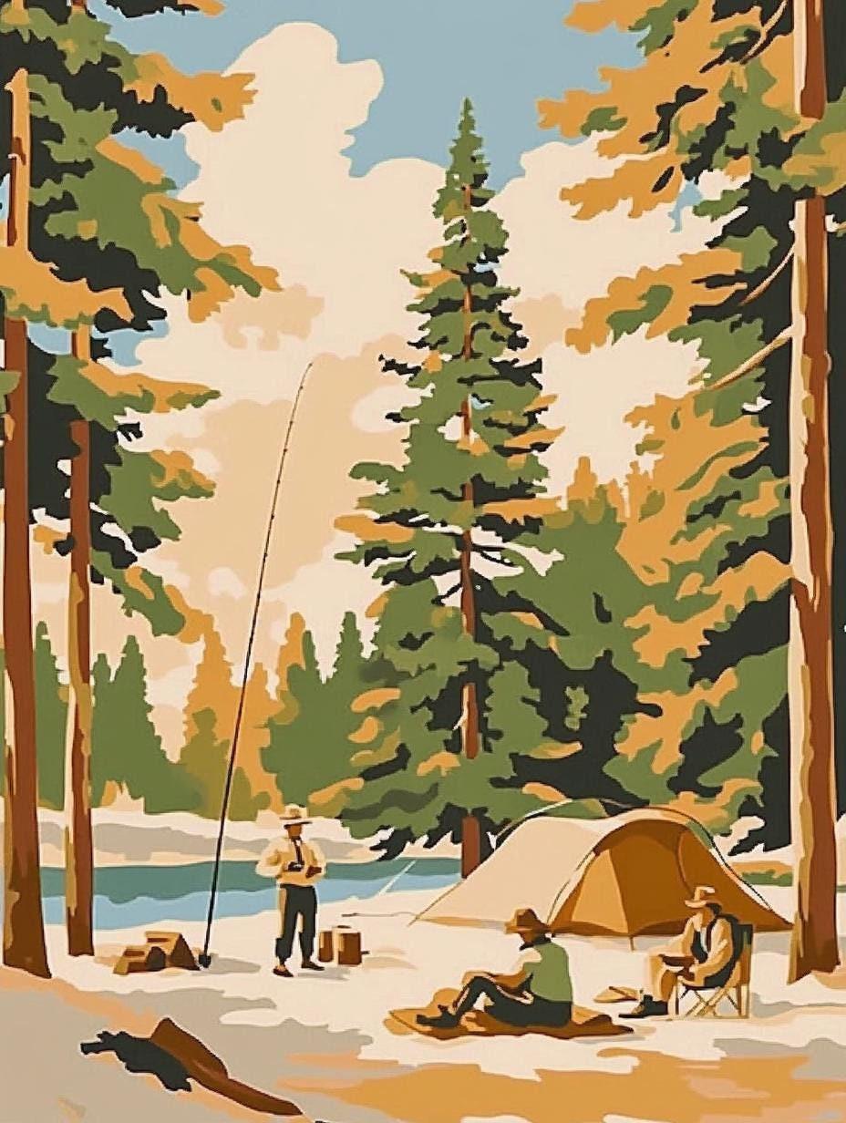 a painting of a man standing next to a tent in the woods