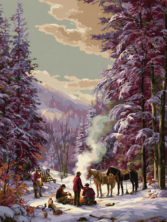 A group of people gathered around a campfire in a snowy forest, with horses nearby.