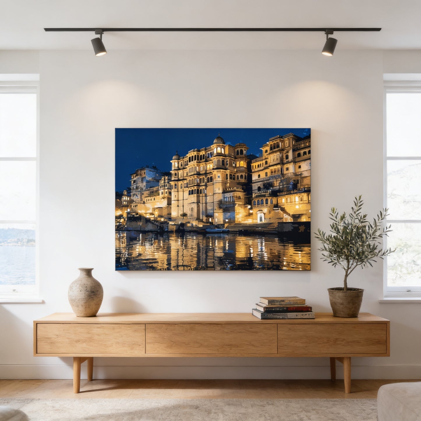 a large, framed photograph of a cityscape at night, with buildings illuminated by lights and reflected in the water below. The photograph is hung on a white wall above a wooden console table, which has a stack of books and a potted plant on it.