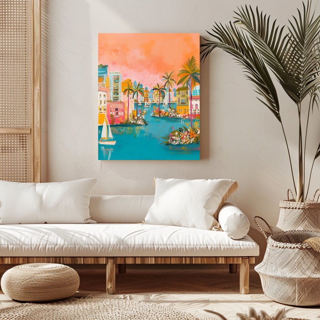 Sailboat on a River Cityscape