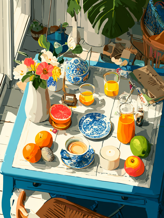 A vibrant and colorful still life composition featuring a table with various objects, including a vase of flowers, a pitcher of orange juice, a plate of fruit, and a candle.