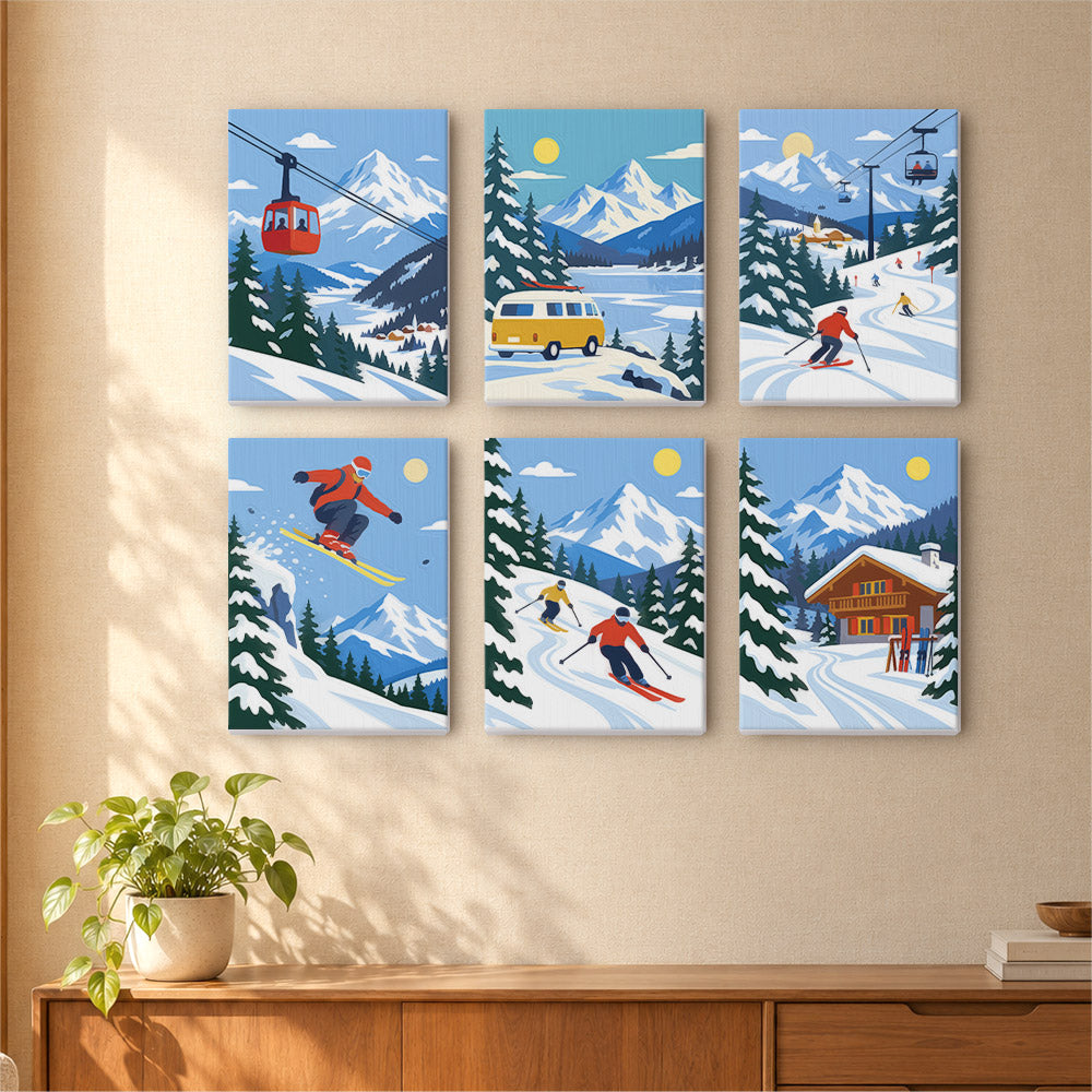 A collage of six winter sports scenes, including skiing, snowboarding, and a ski lift, is displayed on a wall.