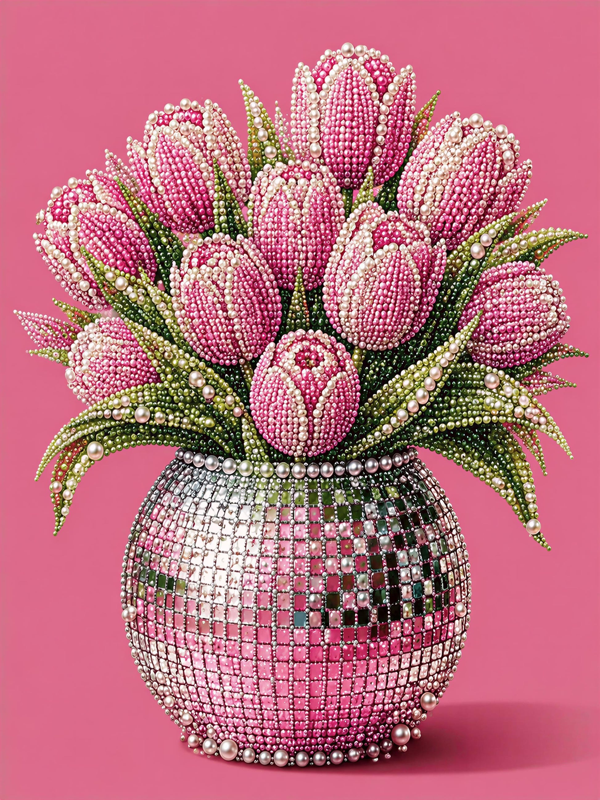 A vase filled with pink and white tulips, each one intricately crafted from small beads, creating a visually stunning and unique floral arrangement.