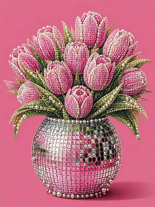 A vase filled with pink and white tulips, each one intricately crafted from small beads, creating a visually stunning and unique floral arrangement.
