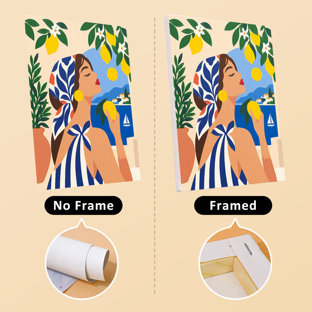 The image is a collage of two images, one with a frame and the other without a frame. The text indicates that the image without a frame is labeled "No Frame" and the one with a frame is labeled " Framed".