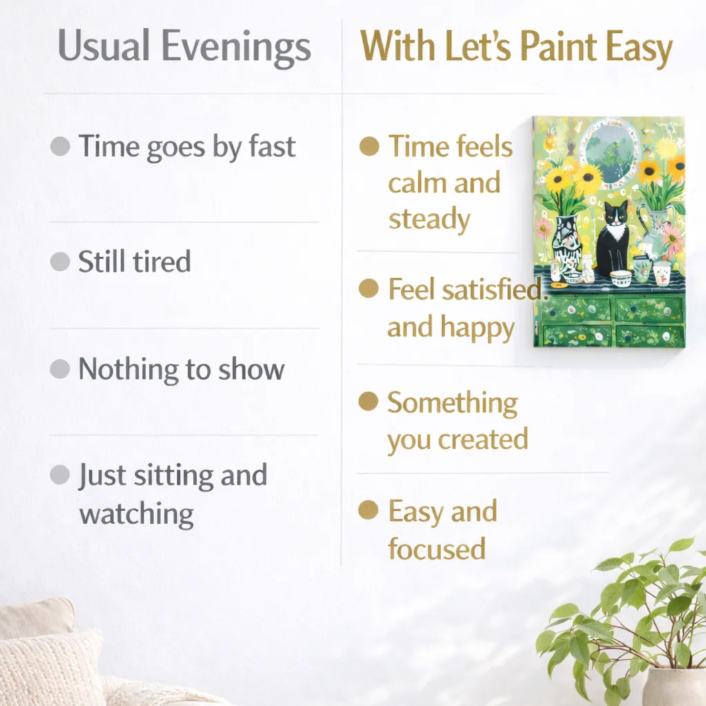 The image is a living room with a couch, a potted plant, and a painting of a cat on a dresser. The painting is titled "With Let's Paint Easy" and is described as a "Painting of a cat on a dresser".