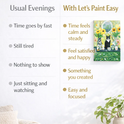 The image is a living room with a couch, a potted plant, and a painting of a cat on a dresser. The painting is titled "With Let's Paint Easy" and is described as a "Painting of a cat on a dresser".