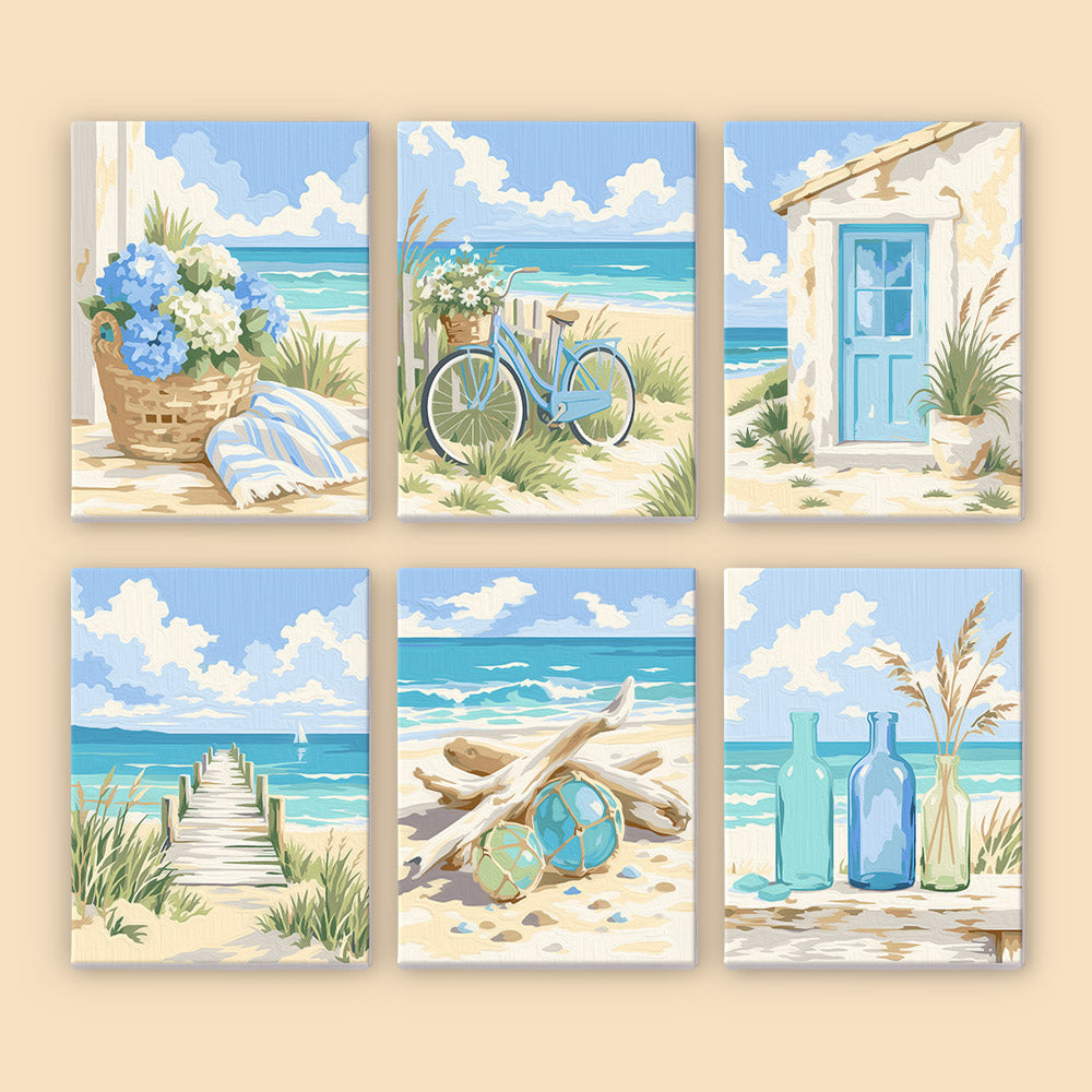 The image is a collage of six pictures depicting various beach scenes, including a bicycle, a house, flowers, a wooden dock, driftwood, and bottles.