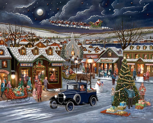 a painting of a christmas scene with a car and people