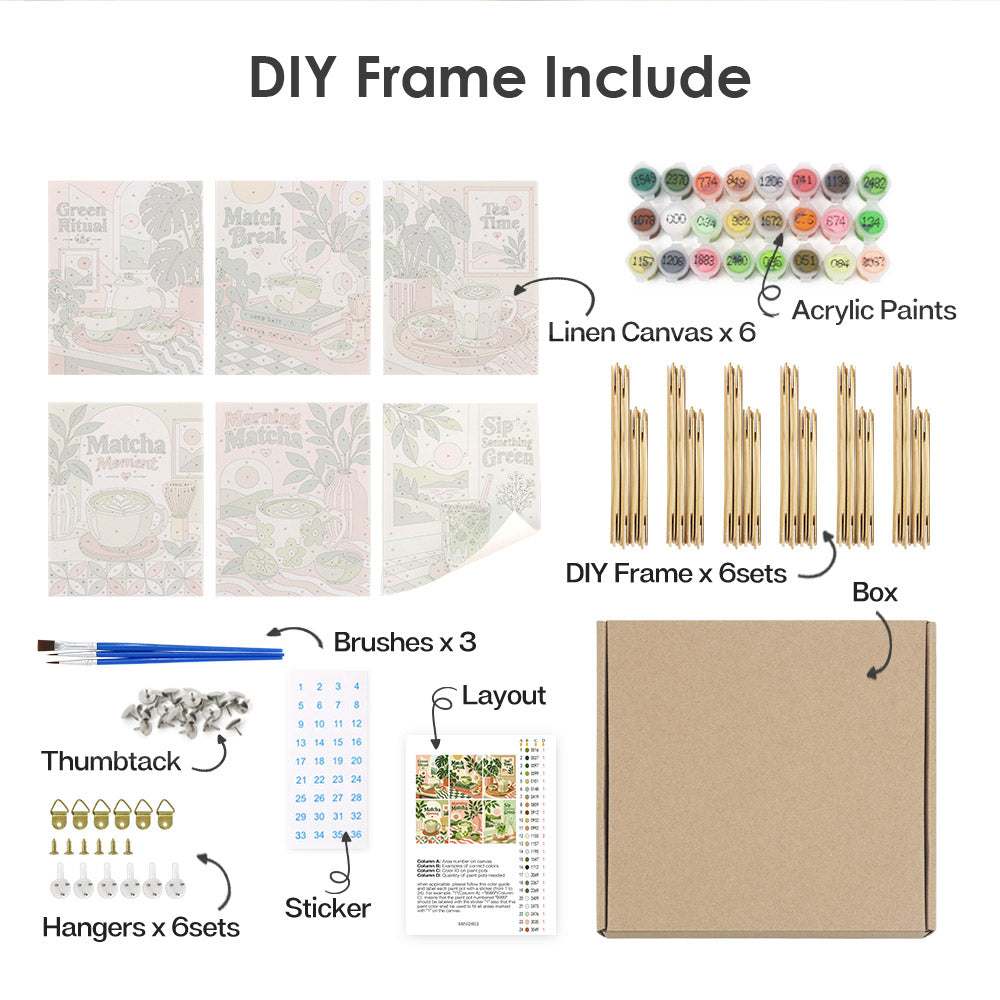 various DIY frame and art supplies, including a DIY frame kit, linen canvas, acrylic paints, brushes, a box, a sticker, and a hanger set.