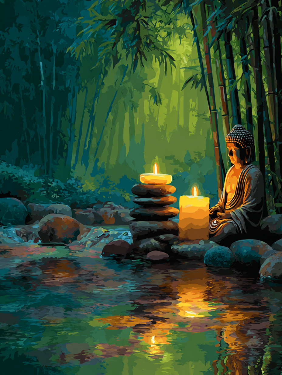 A serene scene featuring a Buddha statue sitting in a tranquil pond, surrounded by lush greenery and illuminated by two lit candles.