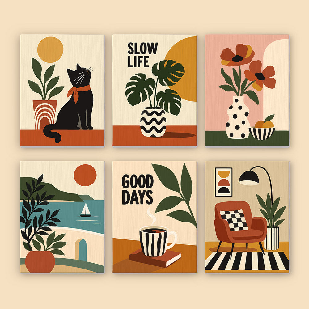 six different illustrations, each featuring a unique scene with various elements such as a cat, plants, flowers, and text.