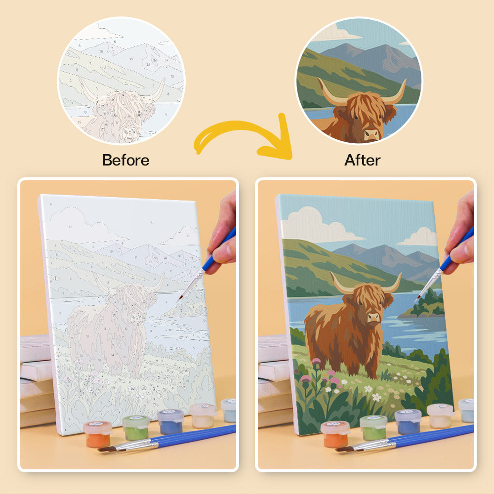 The image is a before and after comparison of a painting of a cow. The before image shows a blank canvas with a sketch of a cow, while the after image shows a completed painting of a cow in a grassy field with mountains in the background.