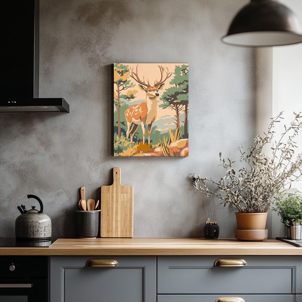 a painting of a deer in a forest hangs above a kitchen counter
