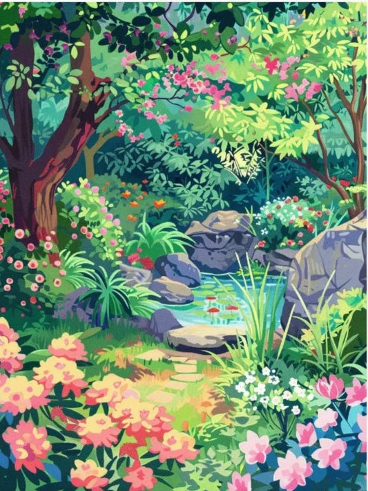 A vibrant and lush garden scene with a pond, surrounded by a variety of colorful flowers, plants, and trees.